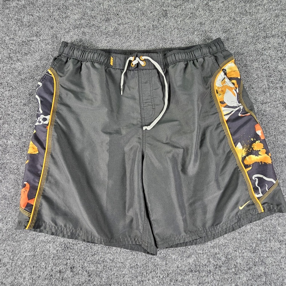 Nike Swim Trunks Mens 2XL Gray Black Orange Mesh Lined‎ Drawstring Print Panels